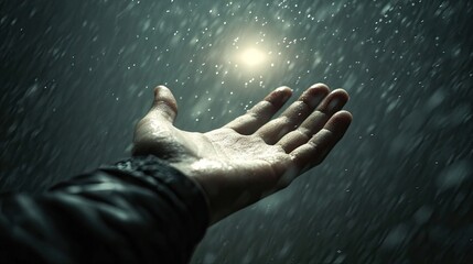 Fototapeta premium A hand extended towards a distant light through the storm, struggling against the wind, representing hope and resilience during economic difficulties.