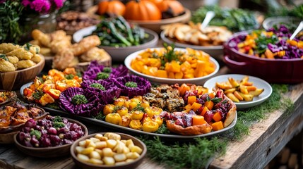 Fototapeta premium Thanksgiving dinner with a rustic vegan twist, plantbased turkey alternative, vibrant vegetable dishes, farmhouse table, sustainable living concept Vegan Thanksgiving, Rustic dining