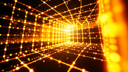 Obraz premium An abstract 3D grid with luminous lines and glowing nodes, creating a sense of depth and motion.