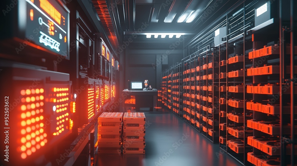 Poster high-tech server room with glowing red lights and a technician working on computer systems during ni