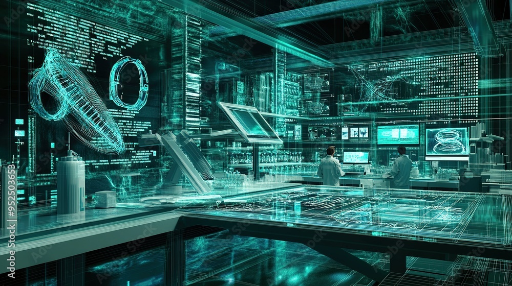 Poster scientists working in a futuristic laboratory with holographic displays and advanced technology