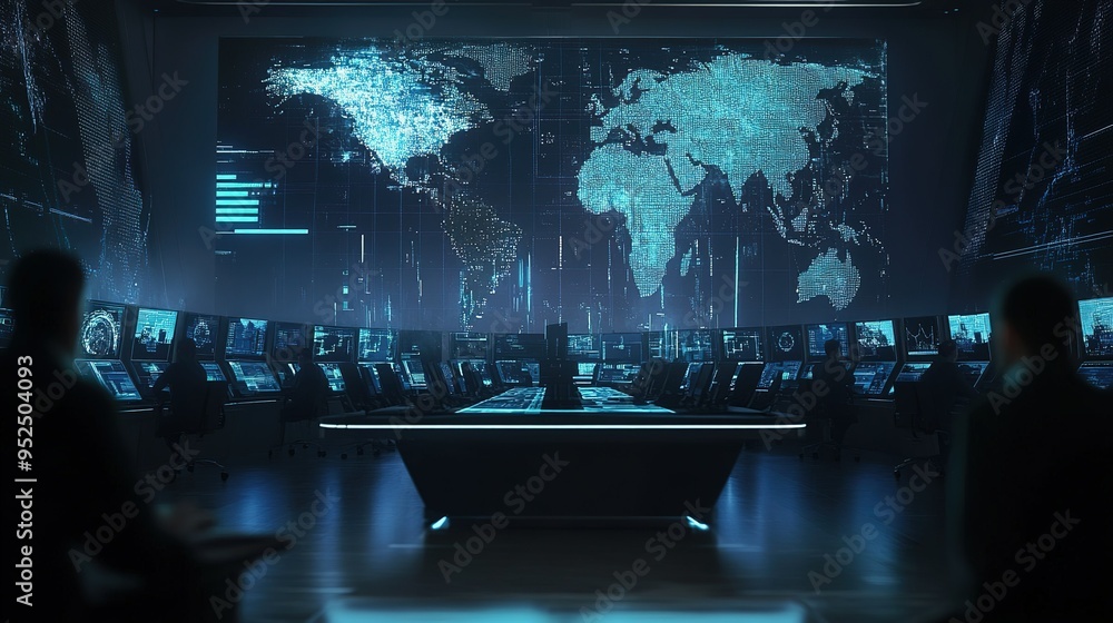 Poster high-tech control room with large digital map and multiple monitors during a late-night operation