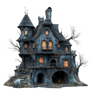 A spooky gothic-style haunted house featuring eerie glowing windows, twisted architecture, and a dark, mysterious atmosphere, ideal for Halloween themes.
