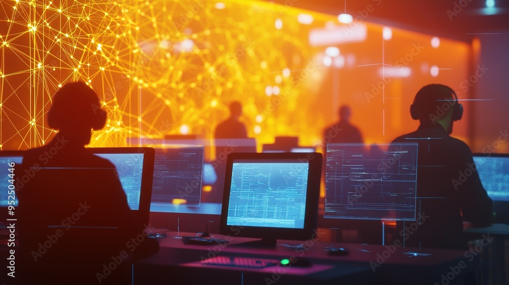 Poster silhouetted figures engaged with computer screens in a vibrant, tech-driven environment during a lat