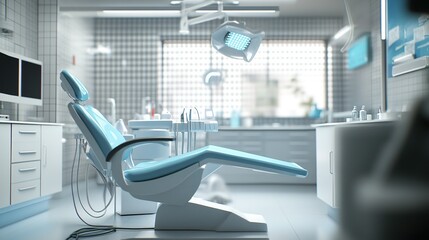 Modern dental clinic interior with a sleek examination chair, bright lighting, and organized tools ready for patient care during daylight hours