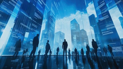 People silhouetted against futuristic skyscrapers in a bustling city with digital displays during the day