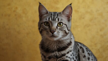 A silver tabby cat with green eyes gazes intently at the camera