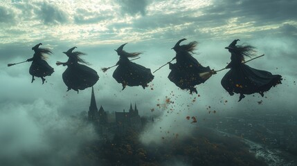 A group of witches in dark robes and hats fly on broomsticks through a misty, fog-covered landscape, creating a haunting and magical Halloween scene.
