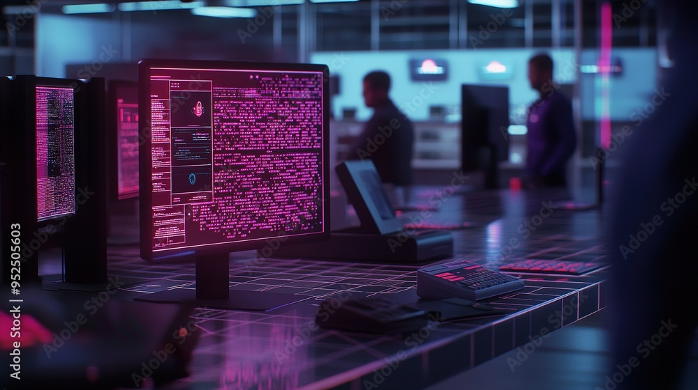 Poster cybersecurity monitoring in a futuristic control room with glowing screens and focused analysts duri