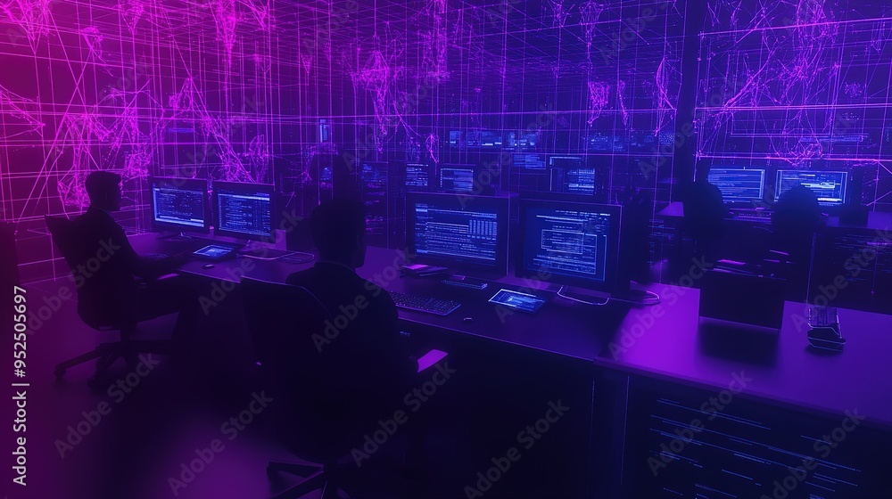 Poster tech specialists analyze data in a neon-lit control room filled with computers and digital displays 