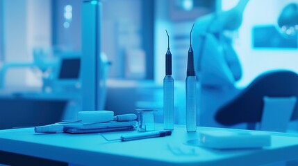 Surgical instruments arranged on a medical table in a sterile environment within a healthcare facility