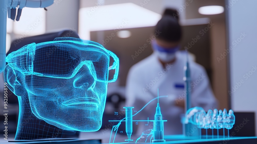 Poster 3d holographic display of a head wearing augmented reality glasses in a modern lab setting during a 