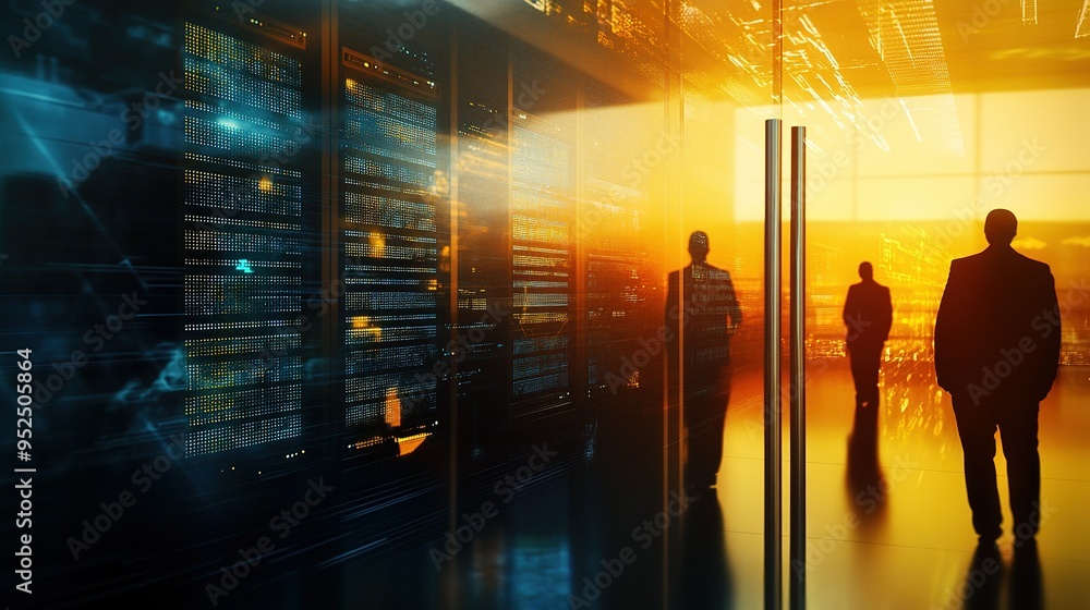 Poster business professionals discussing data analytics in a modern server room with glowing technology at 