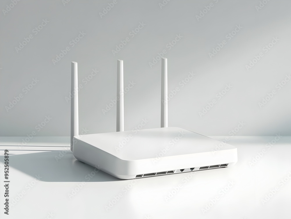 Poster sleek wireless router showcased on pristine white background with soft lighting and minimalist desig
