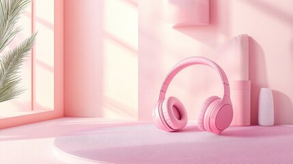 Modern room with stylish pink headphones and accessories arranged on a soft mat, blending comfort with contemporary design