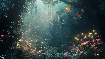 Fototapeta premium Dreamlike enchanted forest mystical atmosphere glowing flowers ethereal creatures
