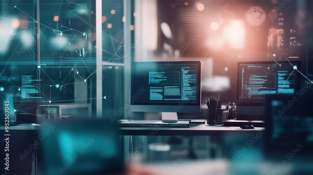 Poster a modern office workspace with multiple computer screens displaying code and digital connections dur