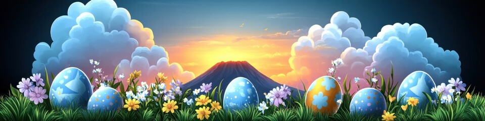 Fototapeta premium Vibrant Easter Illustration with Painted Eggs in a Lush Field, Vibrant Clouds, and a Majestic Sunset Behind a Snow-Capped Mountain