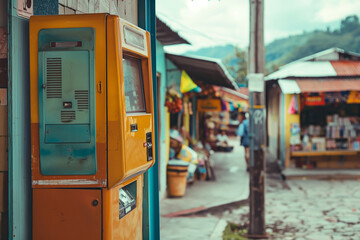 Vintage Yellow Ticket Machine in Colorful Street Market Stall Background