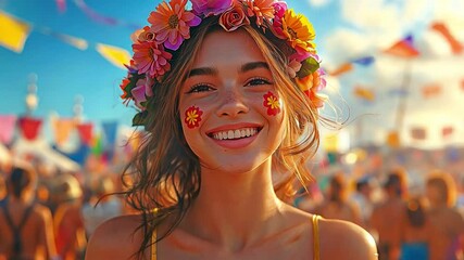 A joyful young woman adorned with a floral crown smiles radiantly at a lively outdoor festival, surrounded by colorful flags and a sunlit crowd. 

