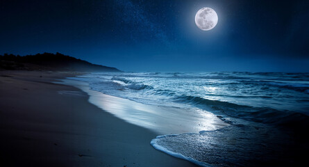 A tranquil beach at night with gentle waves lapping onto clear, light-colored sand. The moonlight softly illuminates the scene, casting a serene glow on the water and sand, Generative AI