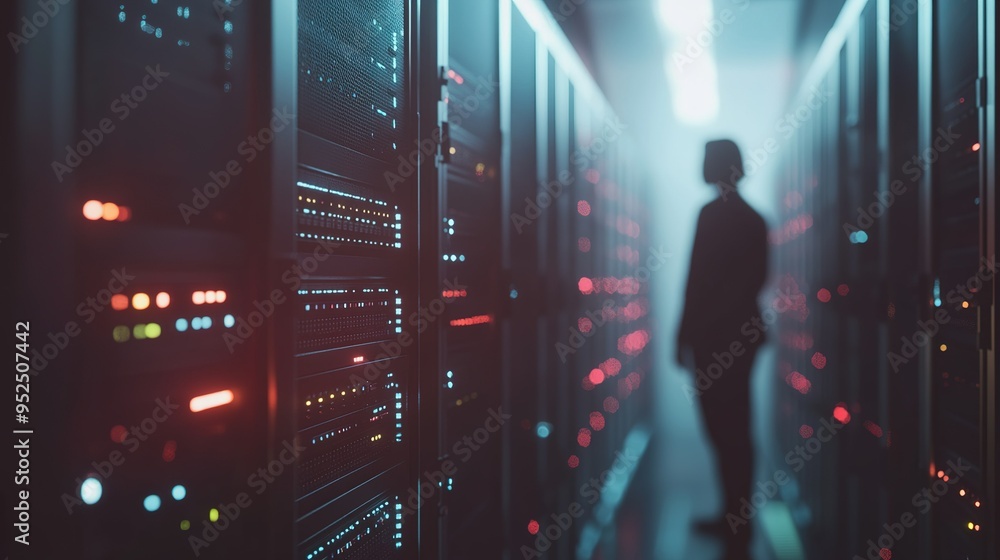 Poster a technician stands in a dimly lit server room surrounded by rows of illuminated servers during a la