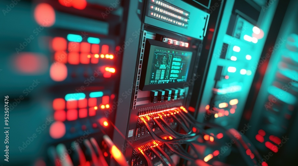 Poster a close-up view of illuminated server hardware with colorful lights showcasing data processing activ