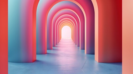 A long, narrow hallway with pink and blue walls 