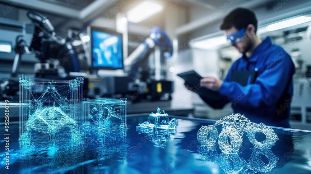 Poster a scientist examines 3d printed models in a high-tech laboratory setting during a precision engineer