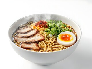 Steaming Ramen Noodle Bowl with Pork Belly Soft Boiled Egg and Scallions on Minimalist White Background