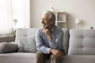 Dreamy pensive elderly gray-haired man relaxing alone at home, sitting on couch, looking into distance with candid smile, having nostalgic mood, reminiscing, feel satisfied on carefree retired life