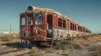 Fototapeta premium An abandoned, rusty train carriage sits on overgrown tracks in a desolate, arid landscape with a clear blue sky.