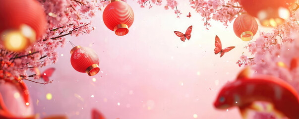 Obraz premium A serene scene featuring red lanterns and colorful butterflies among cherry blossoms, embodying tranquility and celebration.
