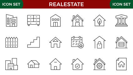 Real Estate minimal thin line web icon set. Included the icons as realty, property, mortgage, home loan and more. Outline icons collection. House, key, buy, sell, loan, building, address, bedroom