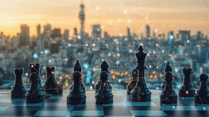 Chess pieces on a board with a cityscape and a network in the background.