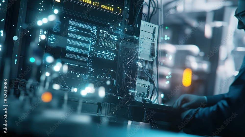 Poster technician working on advanced server equipment in a data center surrounded by glowing screens and c