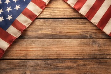 American flags with stars and stripes partially placed on a wooden surface useful for patriotic-themed designs, Independence Day celebrations, or Memorial Day events,