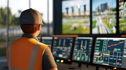 Operator monitoring multiple screens in a control room while overseeing construction activity during daytime operations