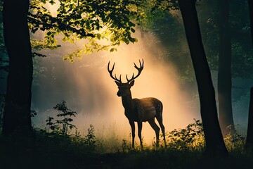 Silhouette of deer in the misty woodlands 