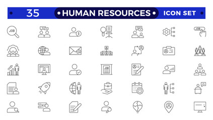 Set of outline icons related to HR, Human Resources, Recruitment, Employment, business, office, company, management. Linear icon collection.