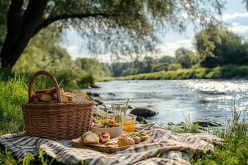 Picnic basket by river with bread and fruits on checkered blanke