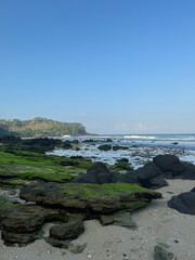 beachscape with wave and rock