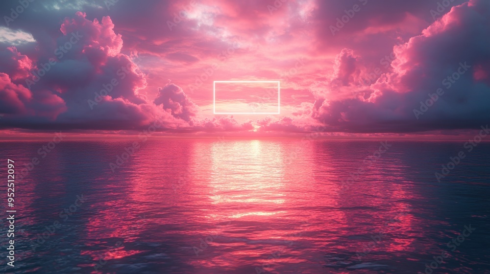 Aufkleber abstract 3d render with pink clouds levitating inside a glowing neon square frame, reflecting in the