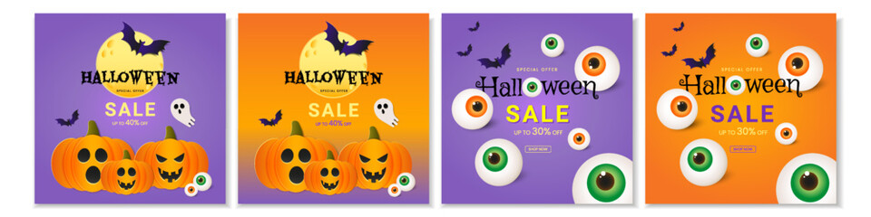 Halloween banner set with cute pumpkins and bats. Design template for shopping sale, advertising, web, social media. Vector illustration