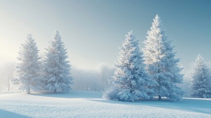 A wintery scene with trees dusted in snow, standing tall against a crisp, clear sky, symbolizing the purity and tranquility of the season.