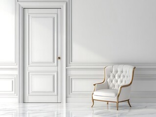 White Door and Armchair in a White Room 3D Illustration