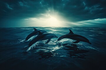 Fototapeta premium Silhouette of dolphins in the open ocean 
