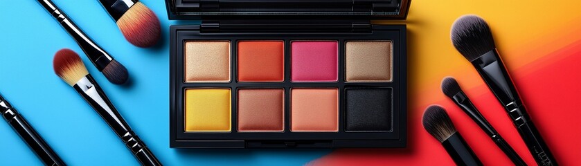 Fototapeta premium Colorful eyeshadow palette and professional makeup brushes on a blue and red background. Beauty and makeup concept with copy space for cosmetics design and tutorials.
