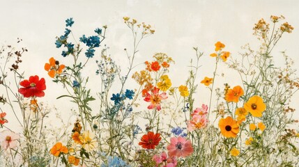 Naklejka premium An assortment of seasonal wildflowers, arranged in a lively and colorful composition, set against a neutral backdrop. -