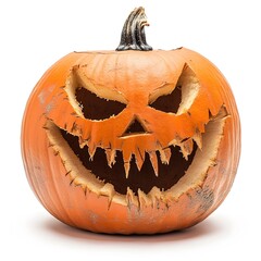 Creepy Jack o  Lantern Pumpkin with Sinister Grin on Isolated White Background  Spooky Halloween Holiday 3D Digital